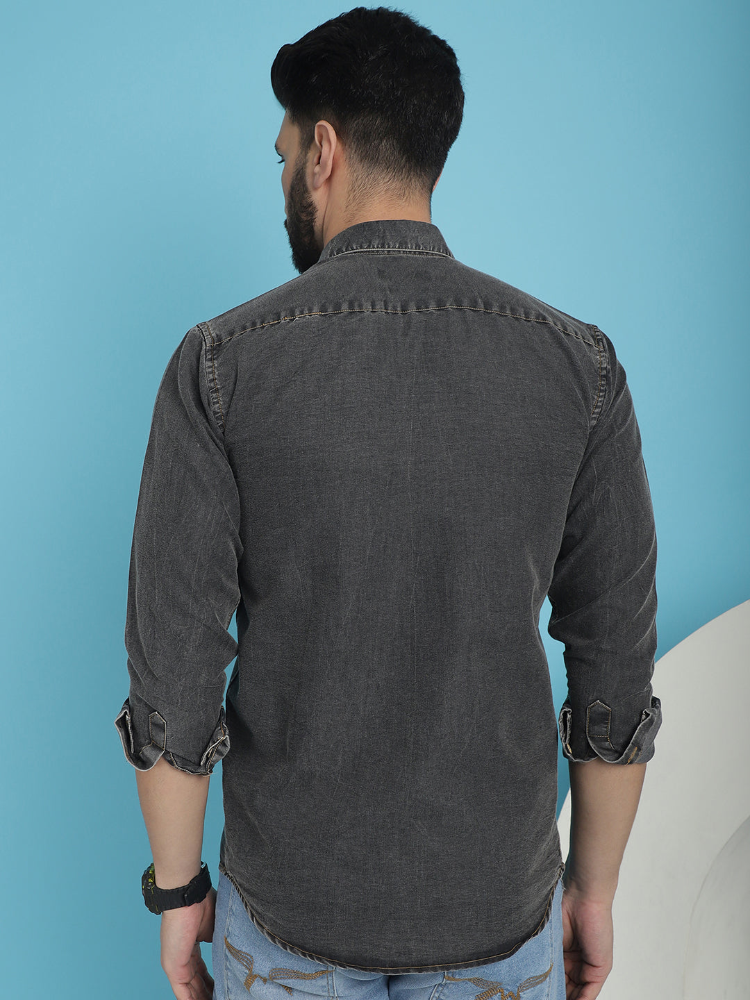 Indian Needle Men's Faded Cotton Denim Casual Shirt - Charcoal | Swadesiicart