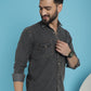 Indian Needle Men's Faded Cotton Denim Casual Shirt - Charcoal | Swadesiicart