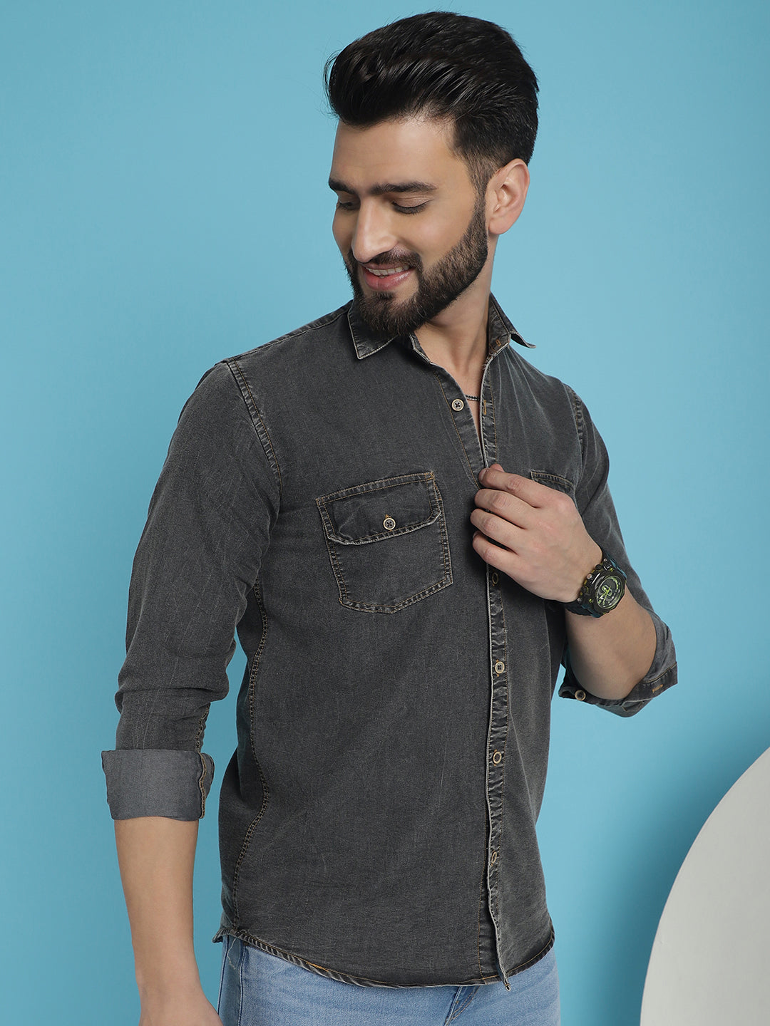 Indian Needle Men's Faded Cotton Denim Casual Shirt - Charcoal | Swadesiicart