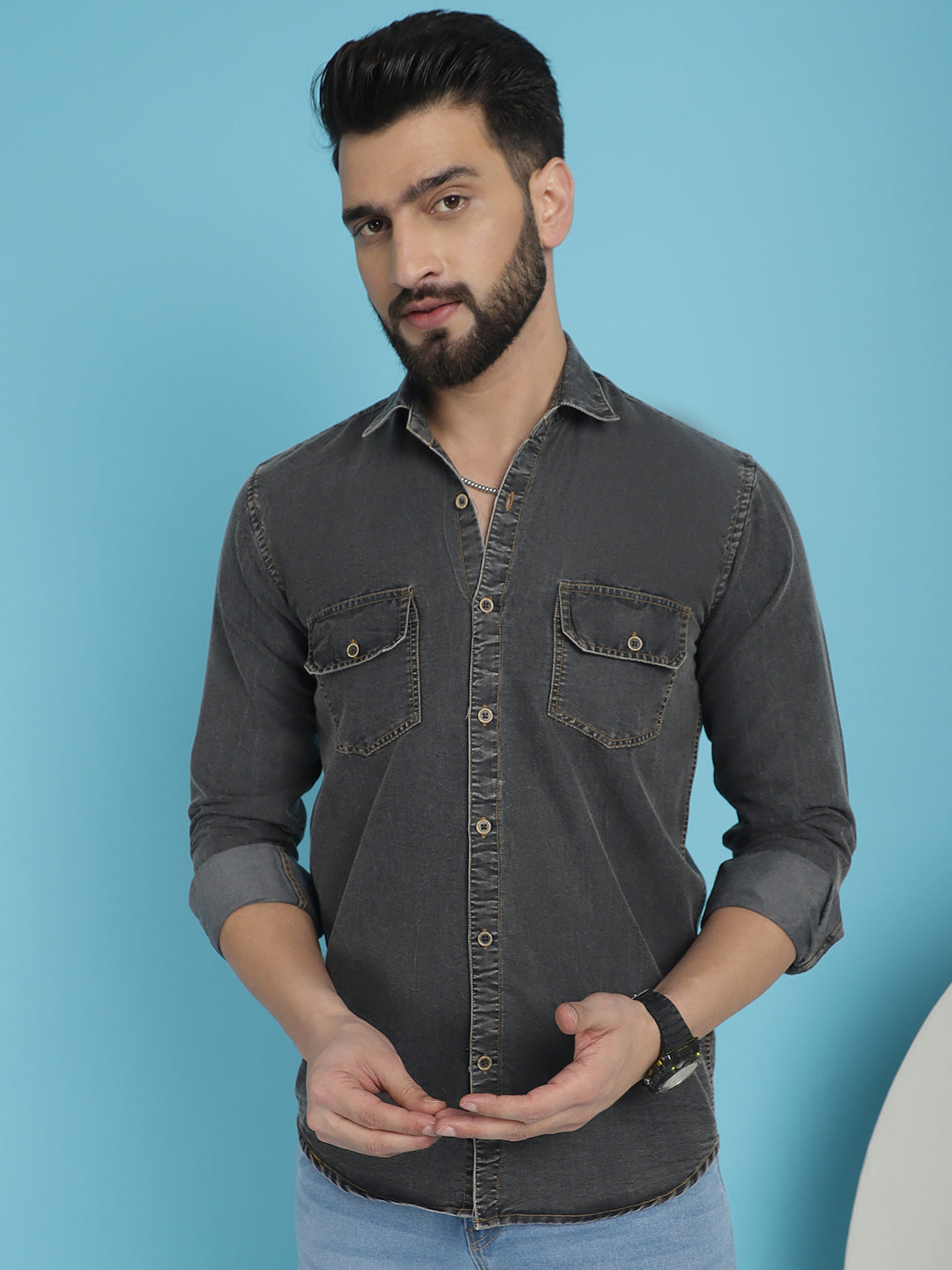 Indian Needle Men's Faded Cotton Denim Casual Shirt - Charcoal | Swadesiicart