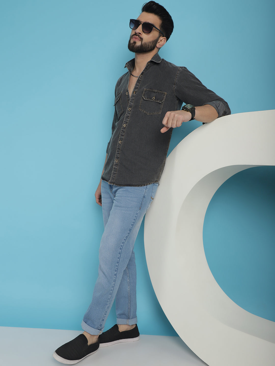Indian Needle Men's Faded Cotton Denim Casual Shirt - Charcoal | Swadesiicart