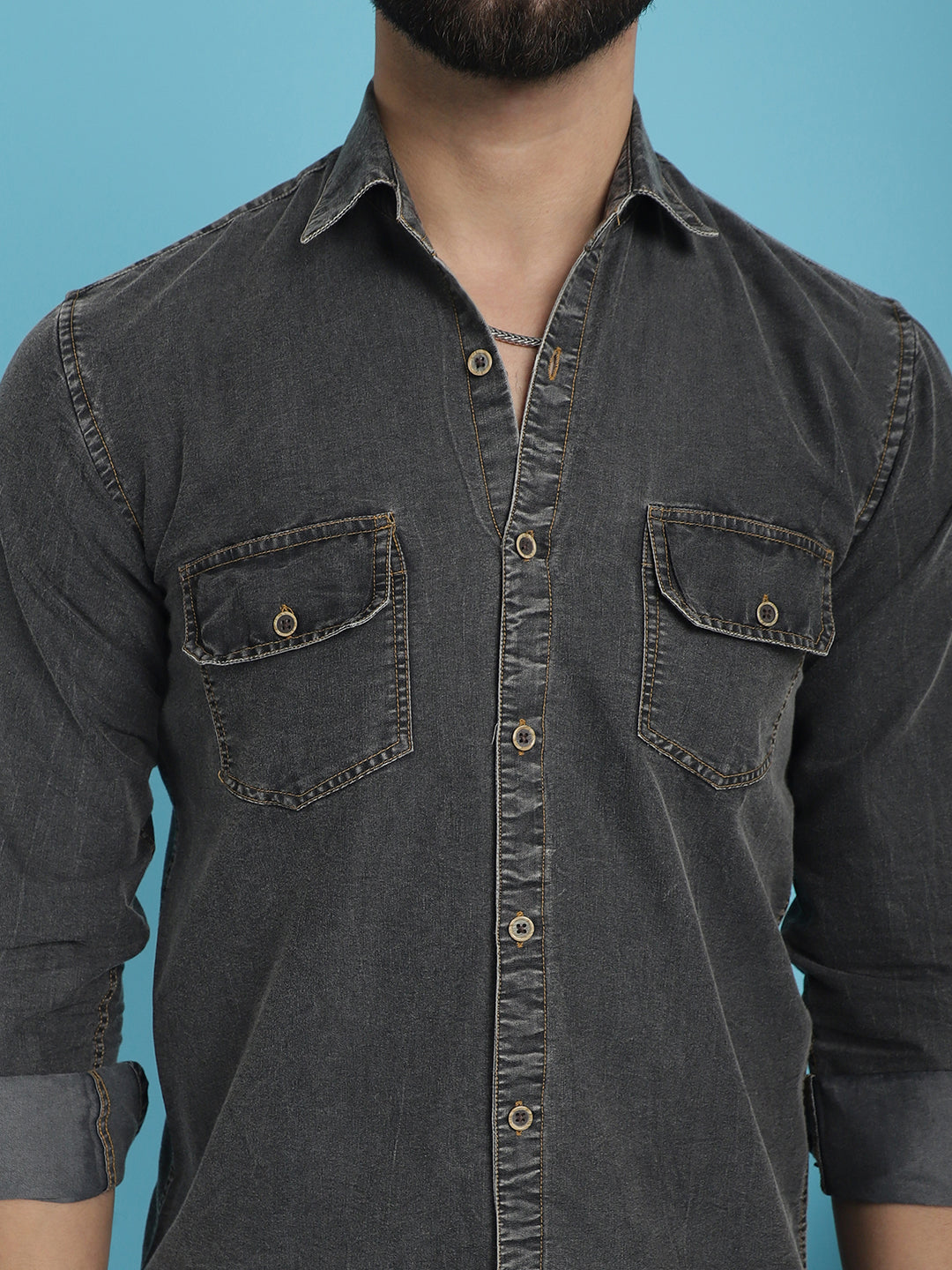 Indian Needle Men's Faded Cotton Denim Casual Shirt - Charcoal | Swadesiicart