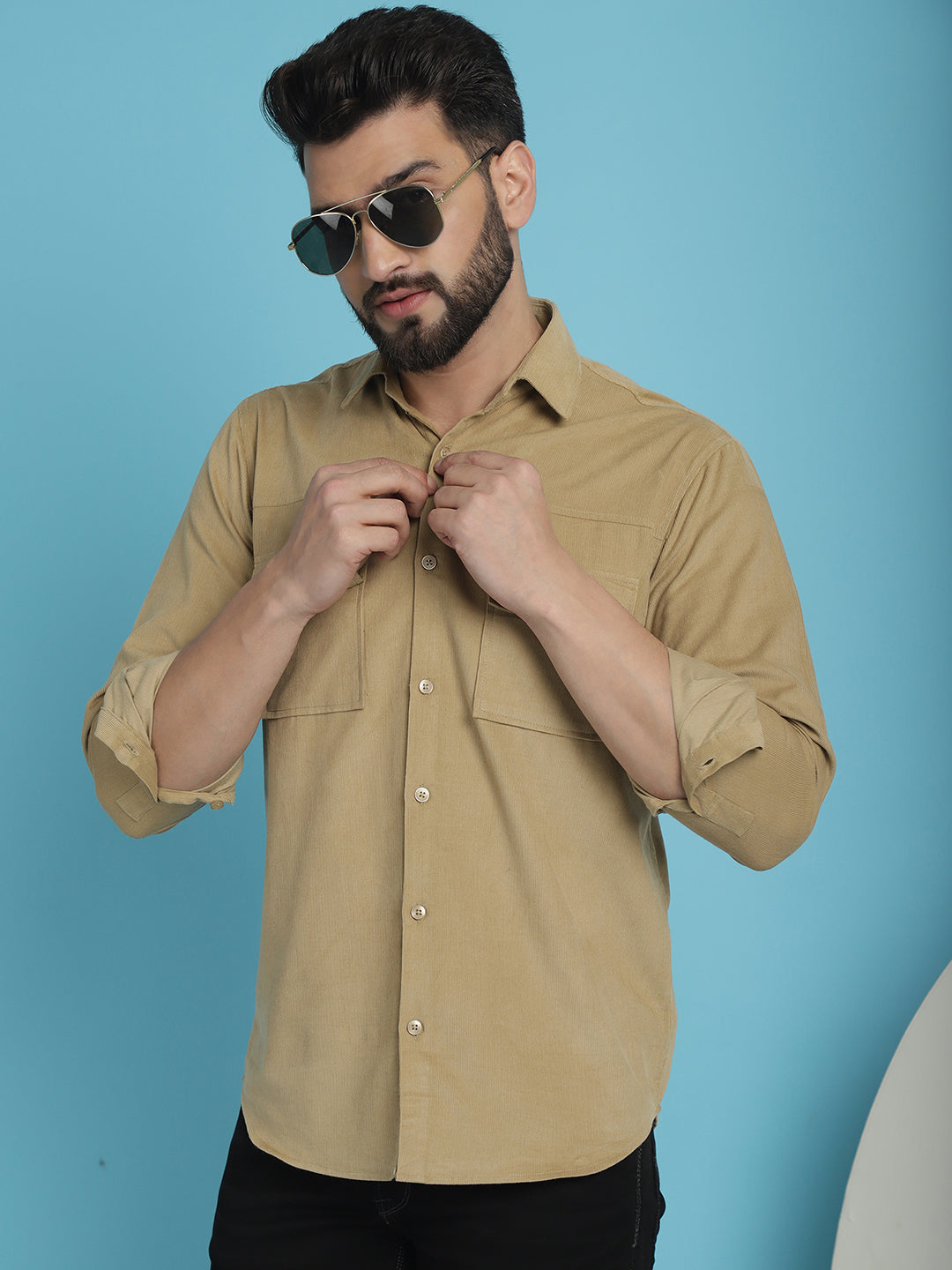 Indian Needle Men's Standard Corduroy Cotton Shirt - Beige | Swadesiicart