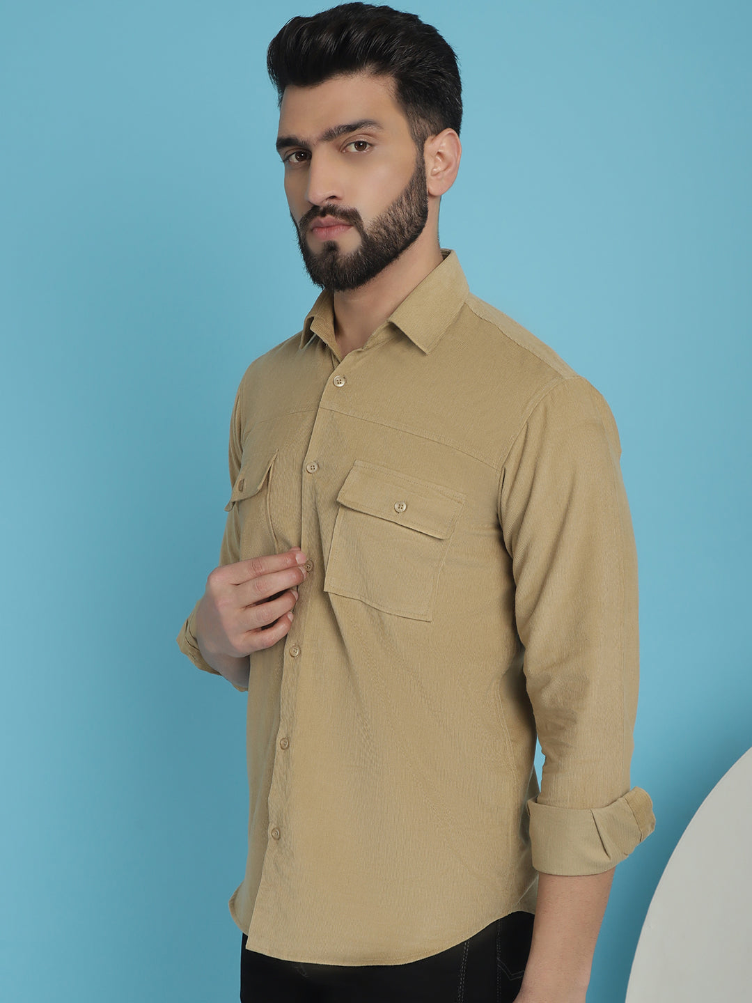 Indian Needle Men's Standard Corduroy Cotton Shirt - Beige | Swadesiicart