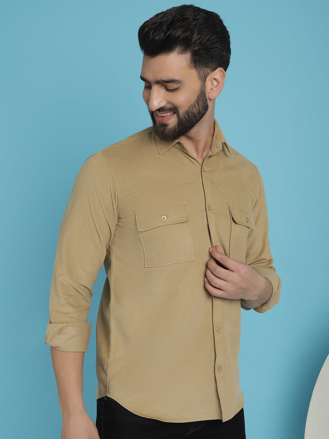 Indian Needle Men's Standard Corduroy Cotton Shirt - Beige | Swadesiicart