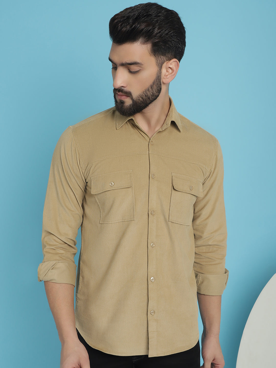 Indian Needle Men's Standard Corduroy Cotton Shirt - Beige | Swadesiicart