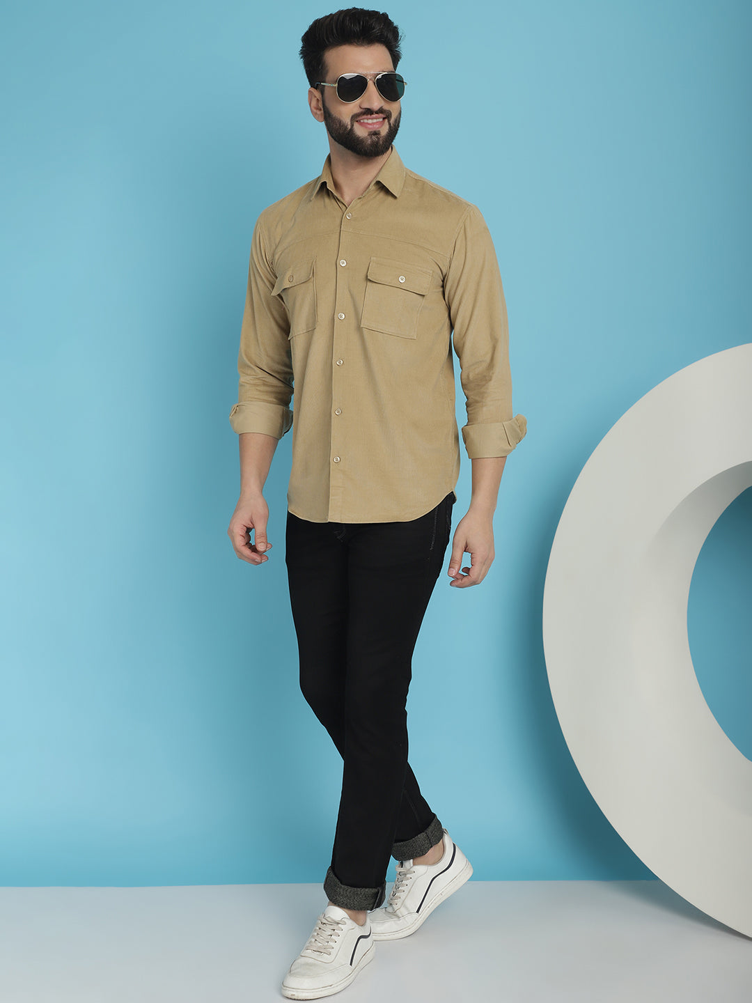 Indian Needle Men's Standard Corduroy Cotton Shirt - Beige | Swadesiicart
