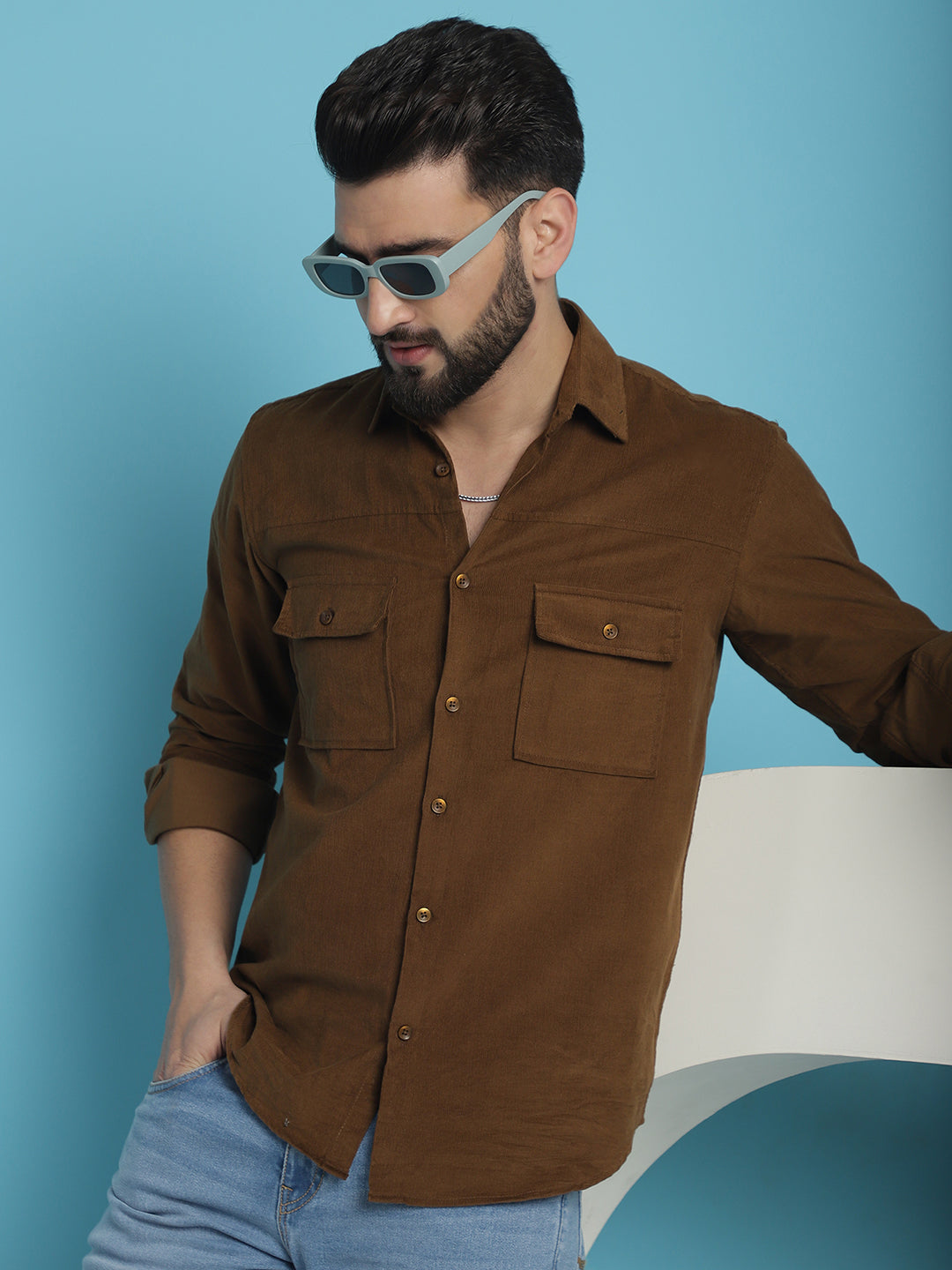 Indian Needle Men's Standard Corduroy Cotton Shirt - Brown | Swadesiicart