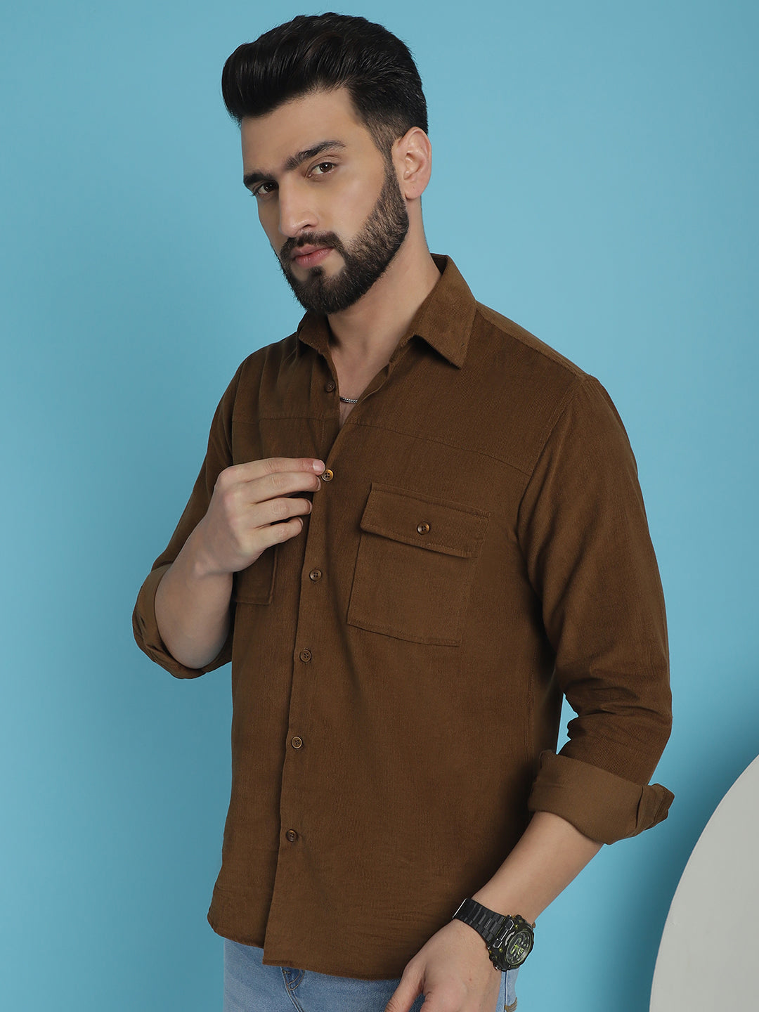 Indian Needle Men's Standard Corduroy Cotton Shirt - Brown | Swadesiicart