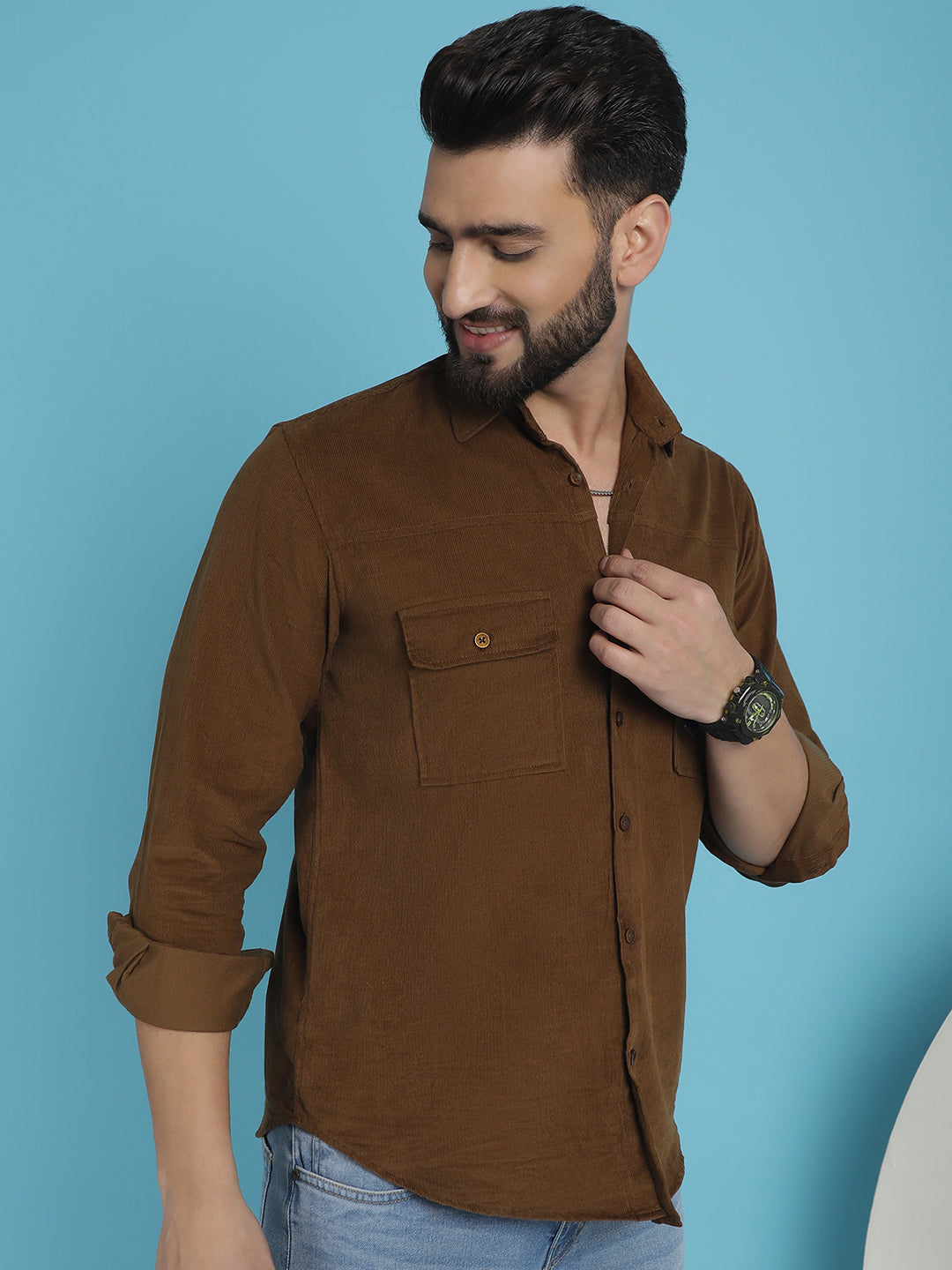 Indian Needle Men's Standard Corduroy Cotton Shirt - Brown | Swadesiicart