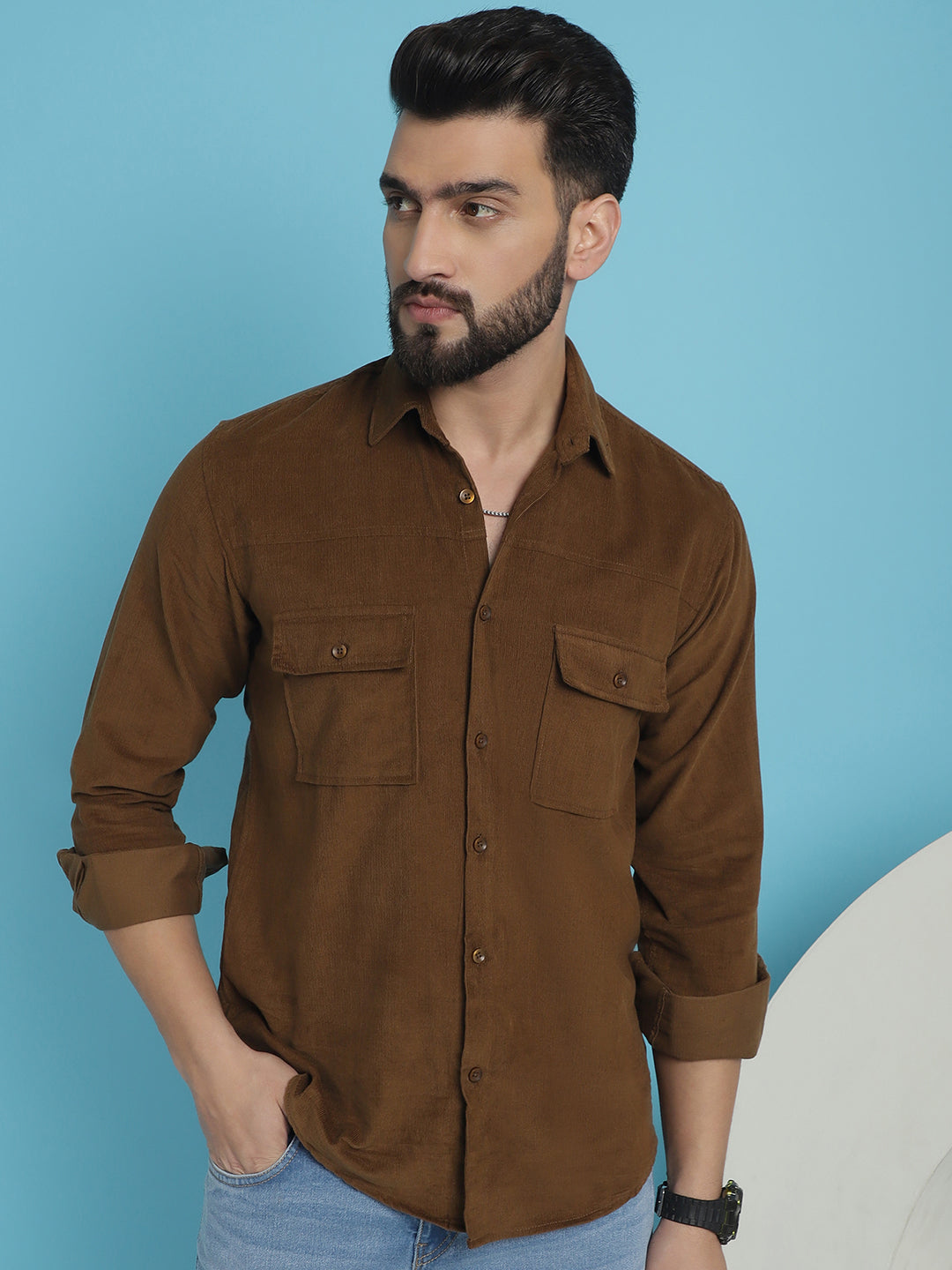 Indian Needle Men's Standard Corduroy Cotton Shirt - Brown | Swadesiicart