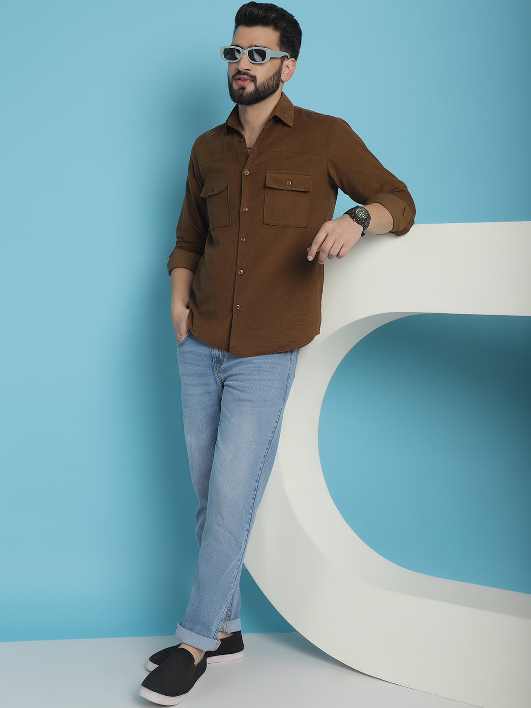 Indian Needle Men's Standard Corduroy Cotton Shirt - Brown | Swadesiicart