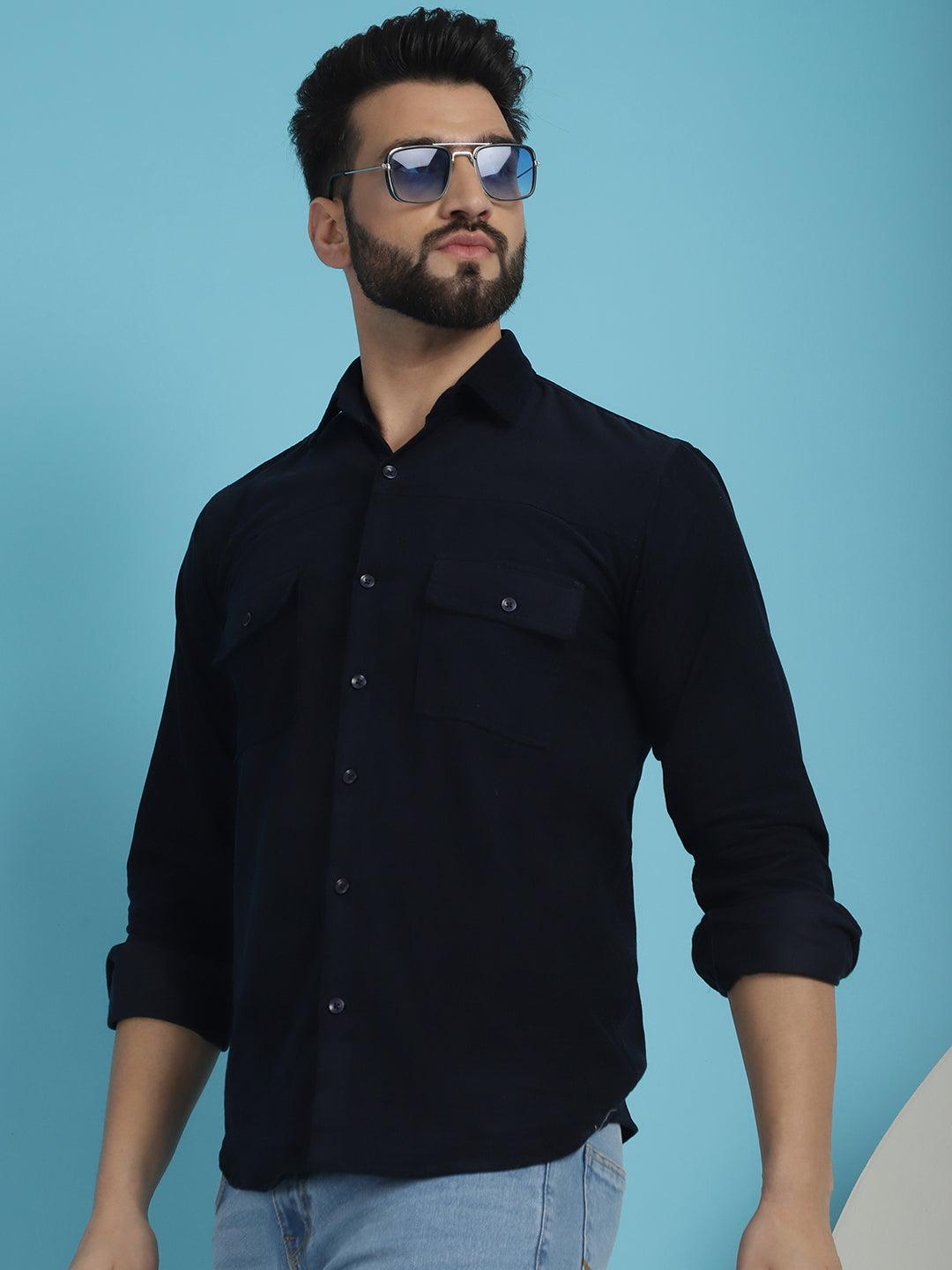 Indian Needle Men's Standard Corduroy Cotton Shirt - Navy Blue | Swadesiicart
