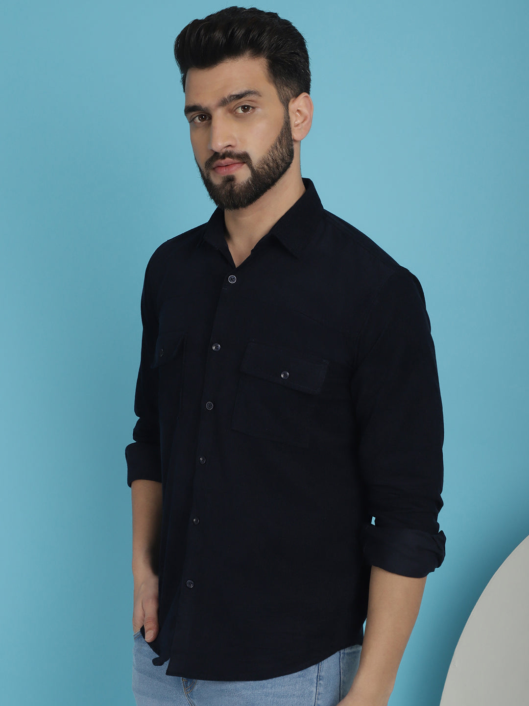 Indian Needle Men's Standard Corduroy Cotton Shirt - Navy Blue | Swadesiicart