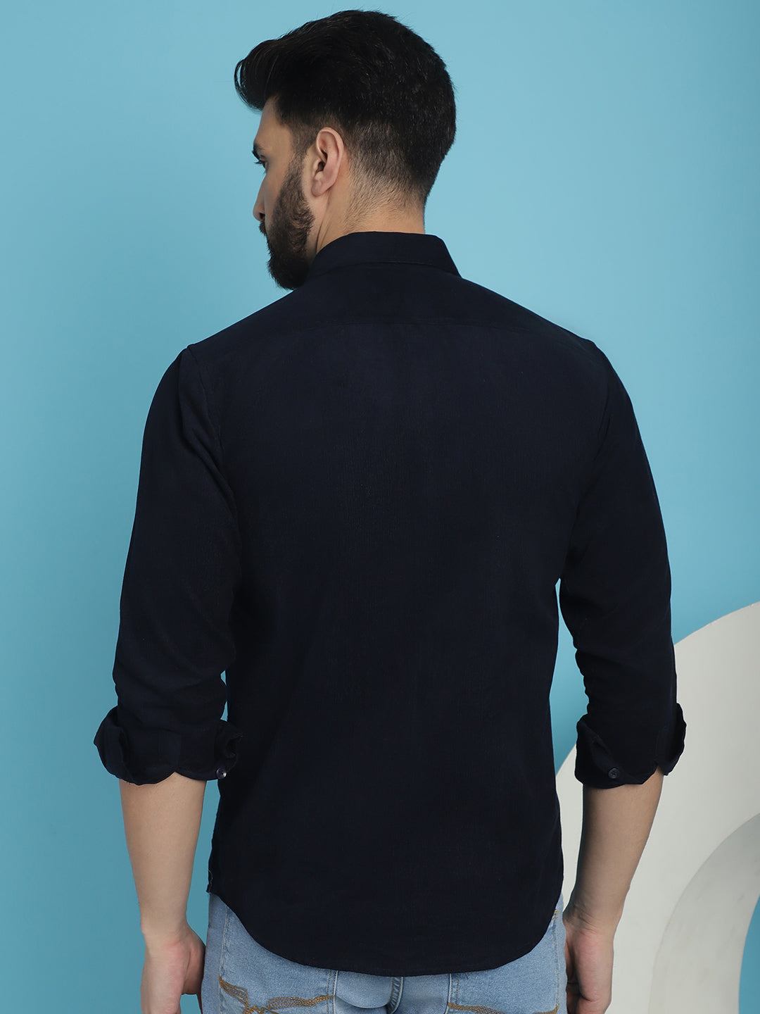 Indian Needle Men's Standard Corduroy Cotton Shirt - Navy Blue | Swadesiicart