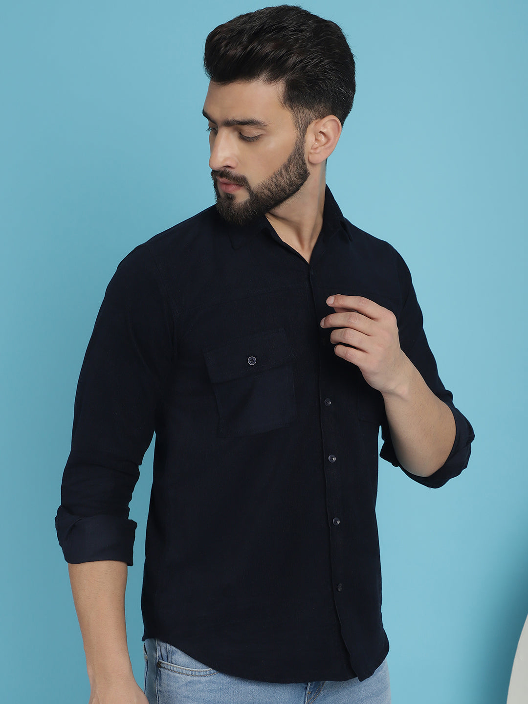 Indian Needle Men's Standard Corduroy Cotton Shirt - Navy Blue | Swadesiicart