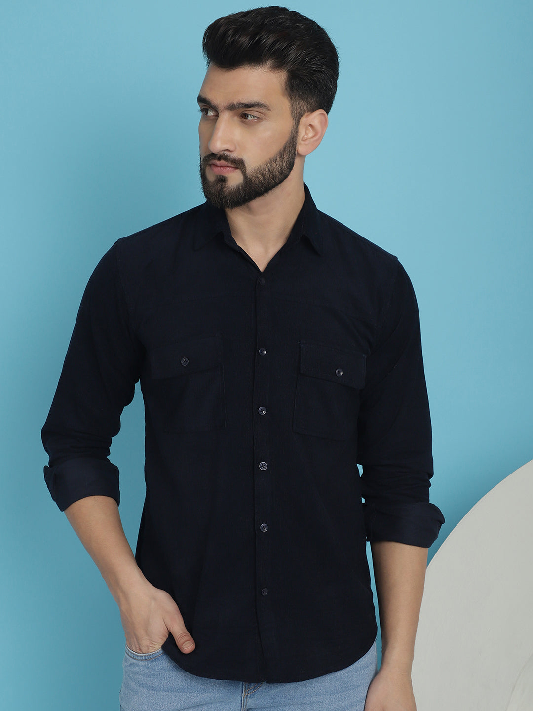 Indian Needle Men's Standard Corduroy Cotton Shirt - Navy Blue | Swadesiicart