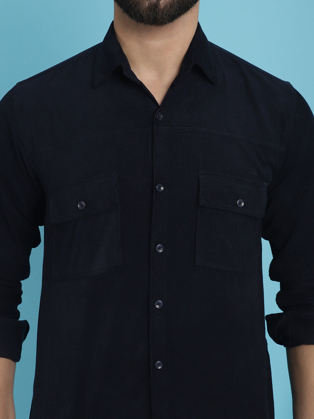Indian Needle Men's Standard Corduroy Cotton Shirt - Navy Blue | Swadesiicart