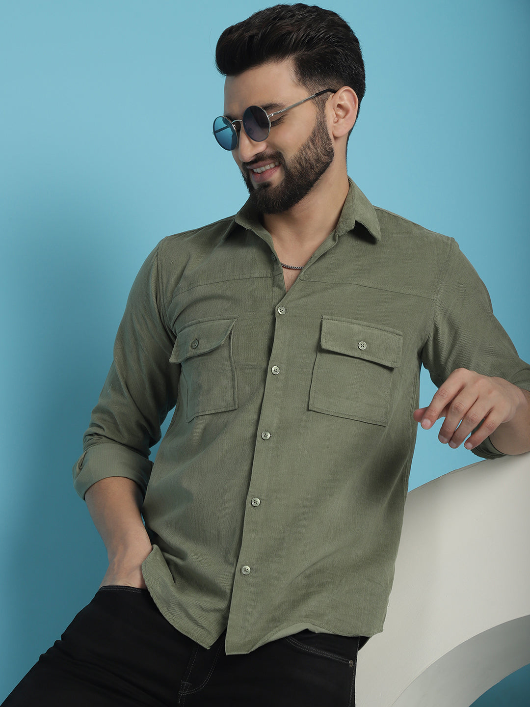 Indian Needle Men's Standard Corduroy Cotton Shirt - Pista | Swadesiicart