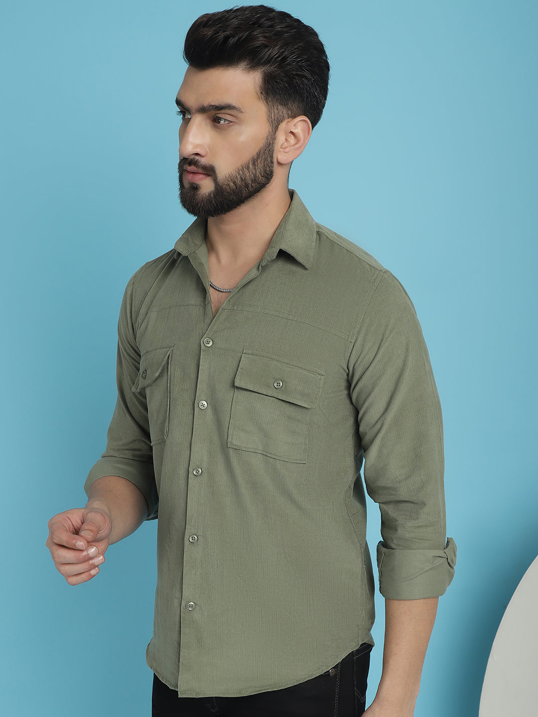 Indian Needle Men's Standard Corduroy Cotton Shirt - Pista | Swadesiicart