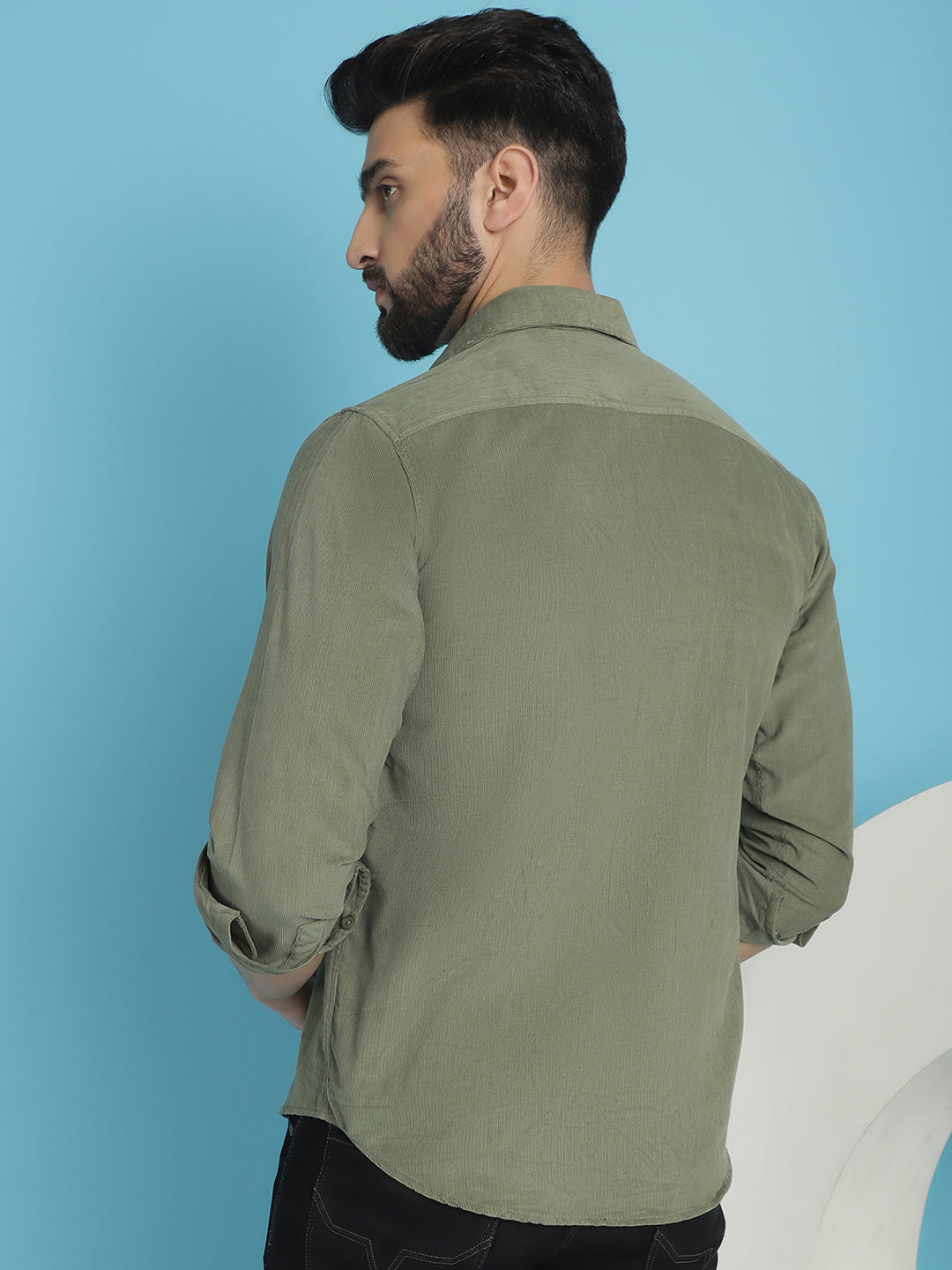 Indian Needle Men's Standard Corduroy Cotton Shirt - Pista | Swadesiicart