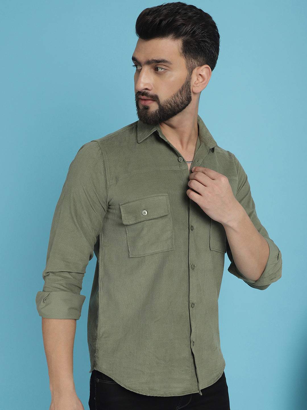 Indian Needle Men's Standard Corduroy Cotton Shirt - Pista | Swadesiicart