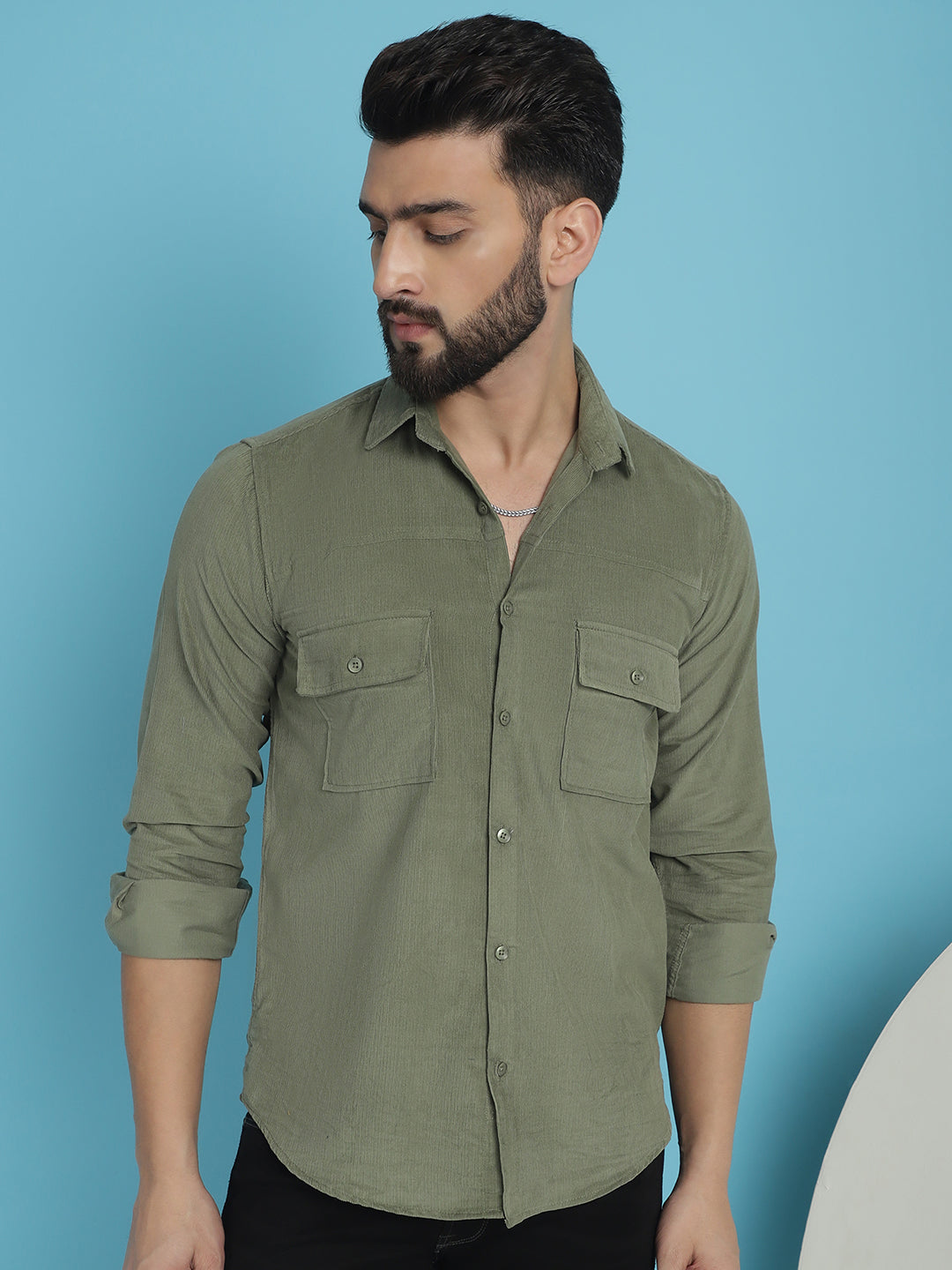 Indian Needle Men's Standard Corduroy Cotton Shirt - Pista | Swadesiicart