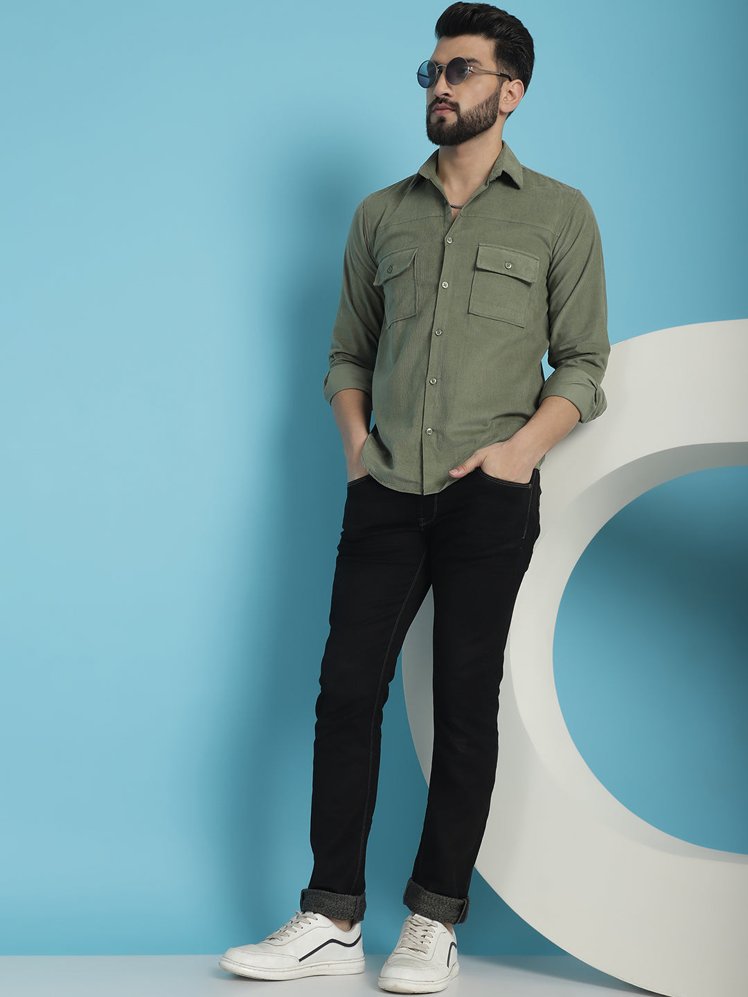 Indian Needle Men's Standard Corduroy Cotton Shirt - Pista | Swadesiicart