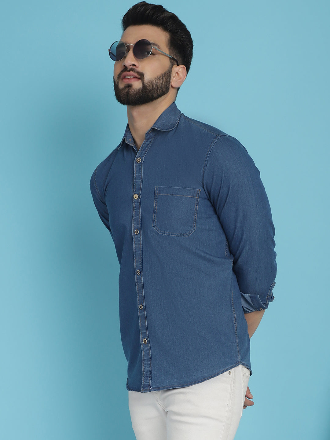 Indian Needle Men's Faded Cotton Denim Casual Shirt - Blue | Swadesiicart