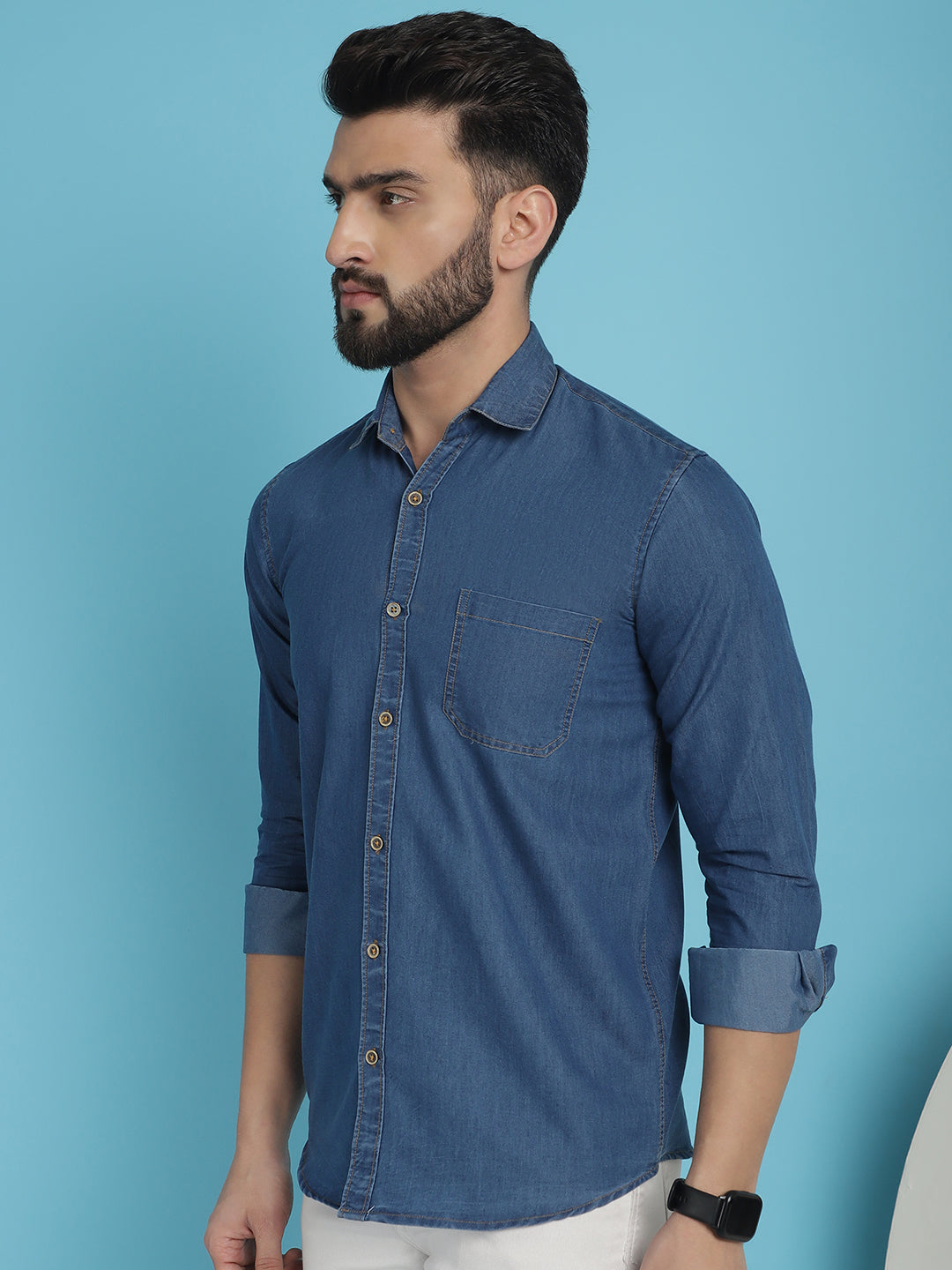 Indian Needle Men's Faded Cotton Denim Casual Shirt - Blue | Swadesiicart