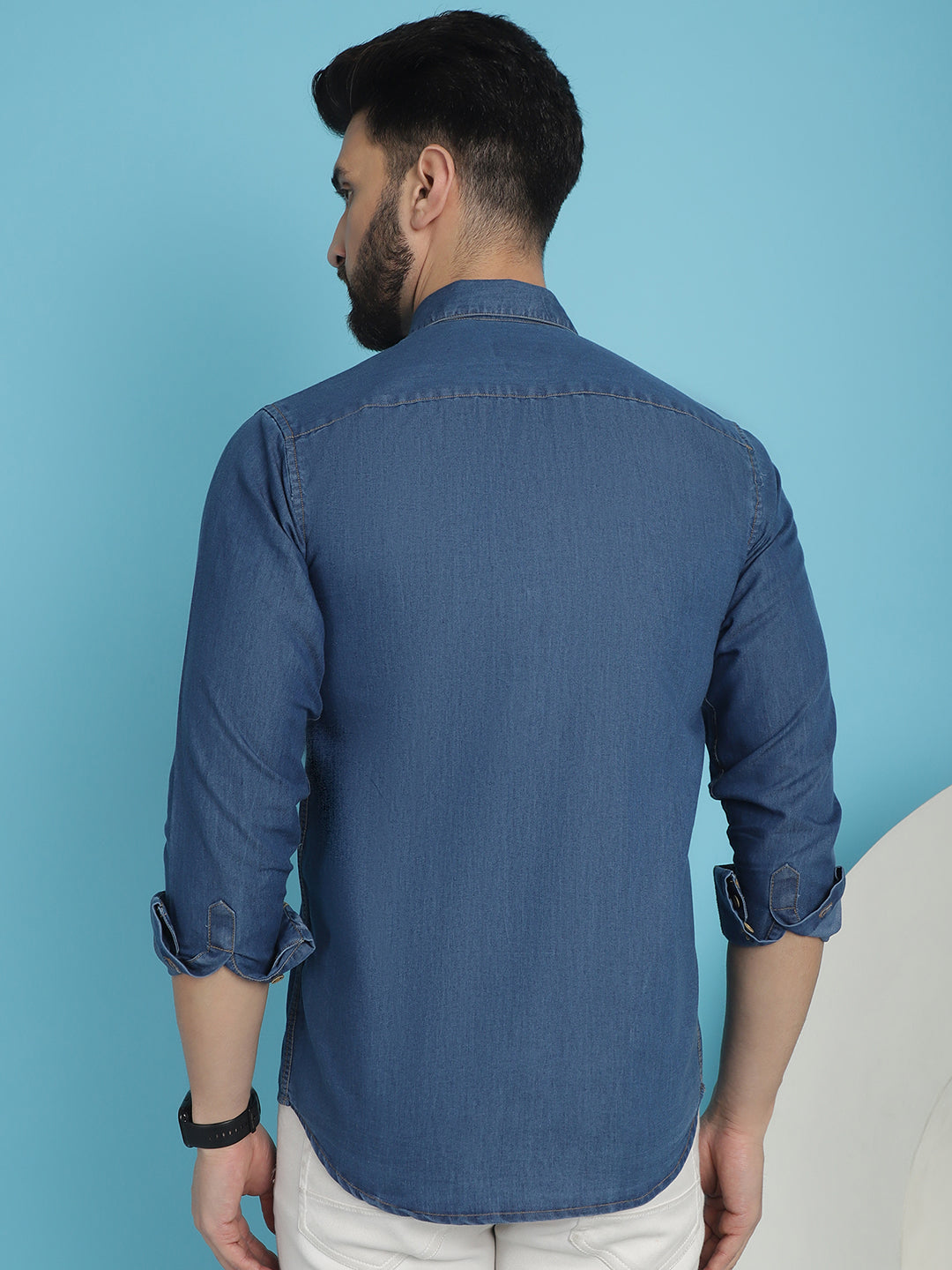 Indian Needle Men's Faded Cotton Denim Casual Shirt - Blue | Swadesiicart