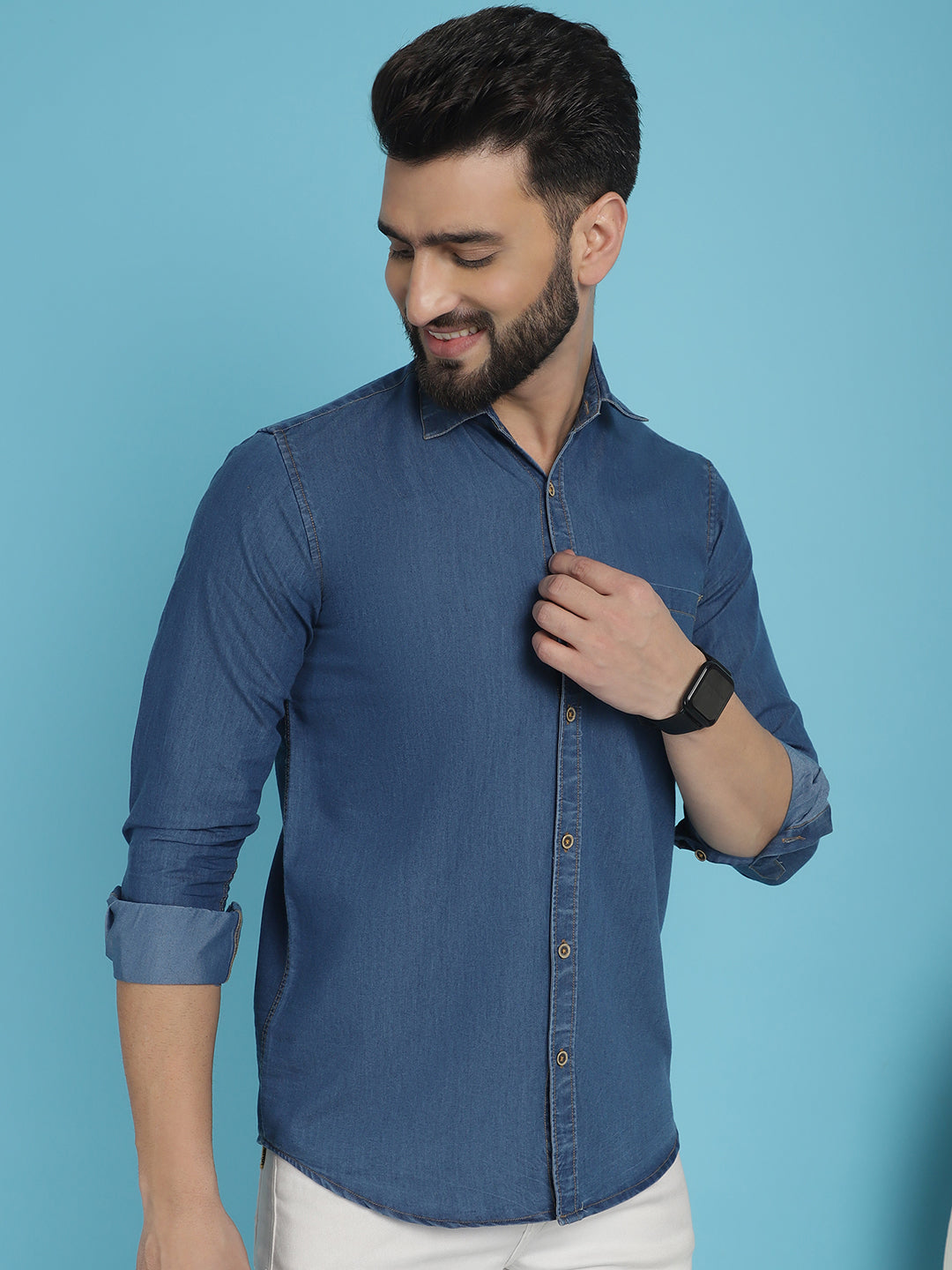 Indian Needle Men's Faded Cotton Denim Casual Shirt - Blue | Swadesiicart