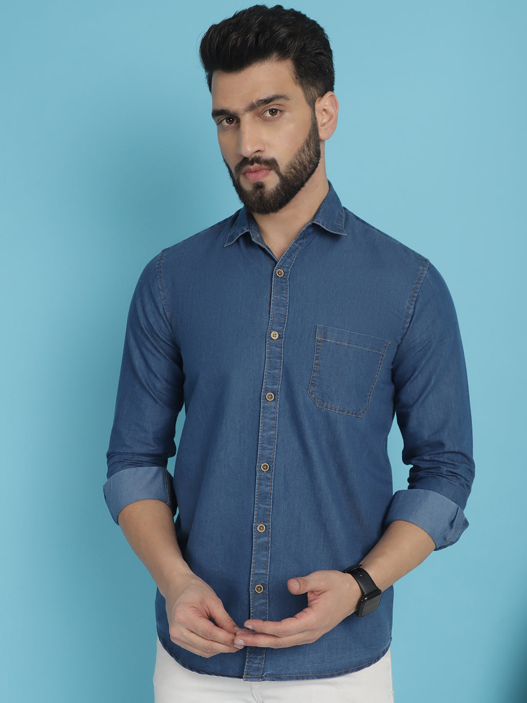 Indian Needle Men's Faded Cotton Denim Casual Shirt - Blue | Swadesiicart