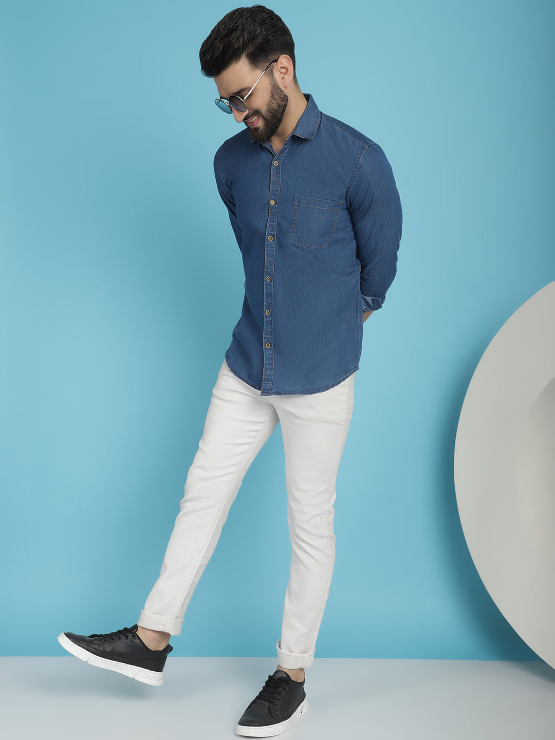 Indian Needle Men's Faded Cotton Denim Casual Shirt - Blue | Swadesiicart