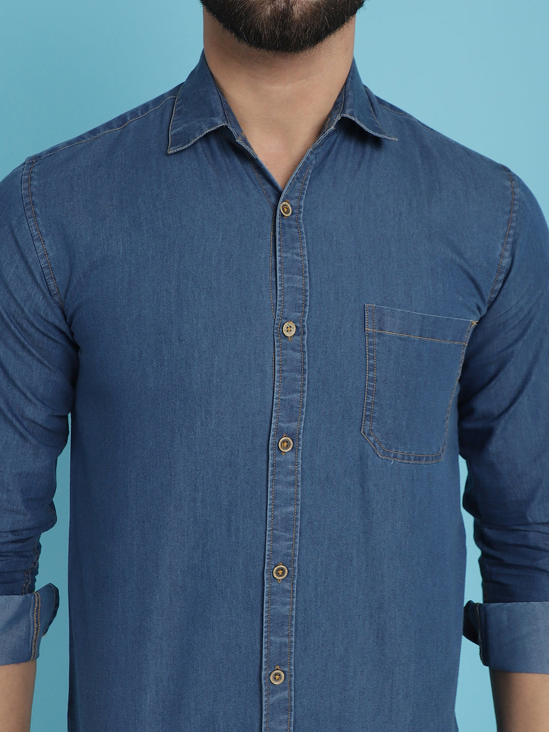 Indian Needle Men's Faded Cotton Denim Casual Shirt - Blue | Swadesiicart