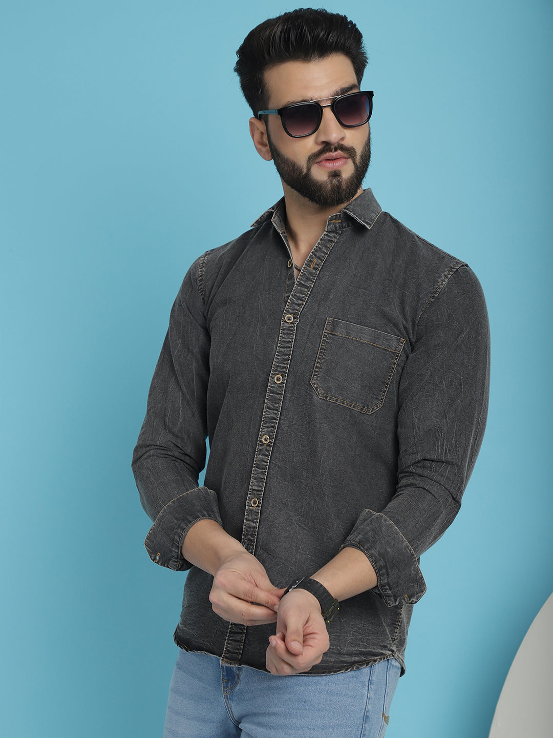 Indian Needle Men's Faded Cotton Denim Casual Shirt - Charcoal | Swadesiicart