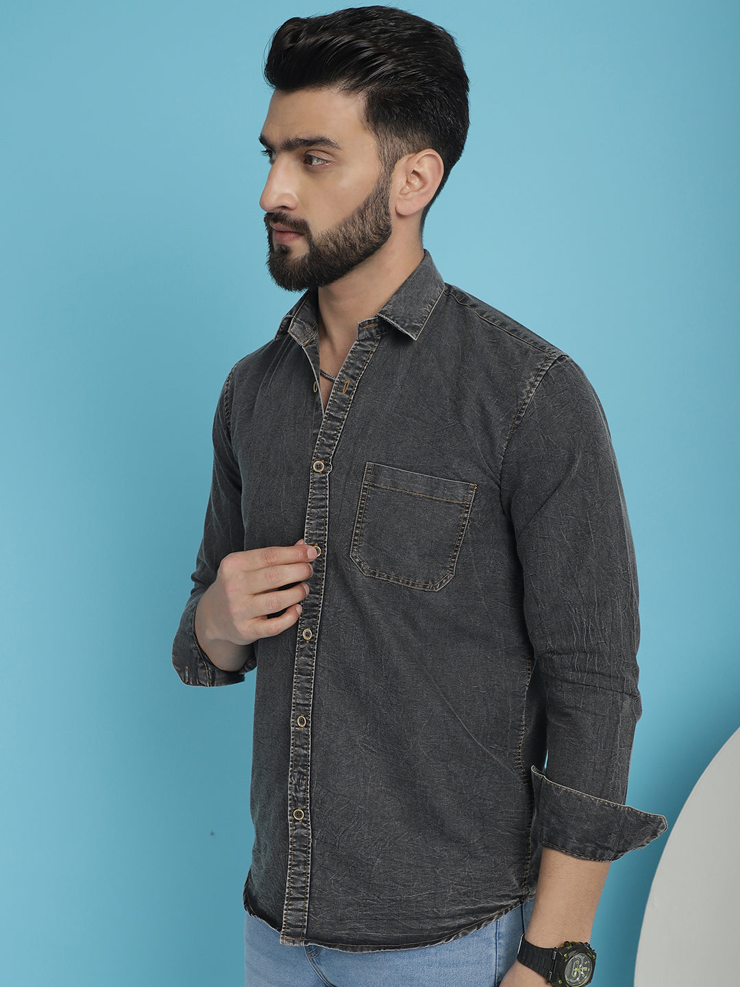 Indian Needle Men's Faded Cotton Denim Casual Shirt - Charcoal | Swadesiicart
