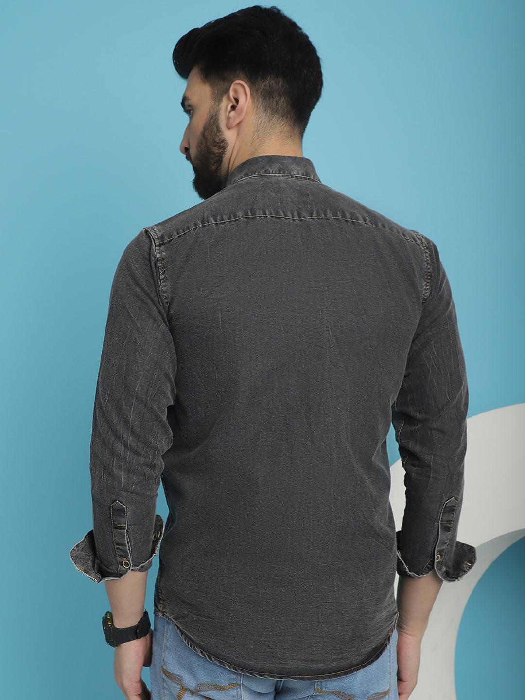 Indian Needle Men's Faded Cotton Denim Casual Shirt - Charcoal | Swadesiicart