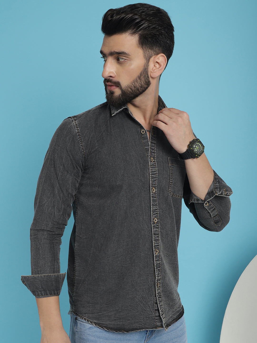 Indian Needle Men's Faded Cotton Denim Casual Shirt - Charcoal | Swadesiicart