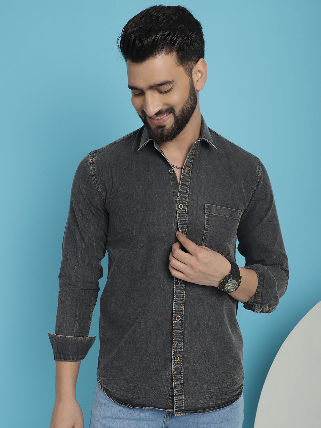 Indian Needle Men's Faded Cotton Denim Casual Shirt - Charcoal | Swadesiicart