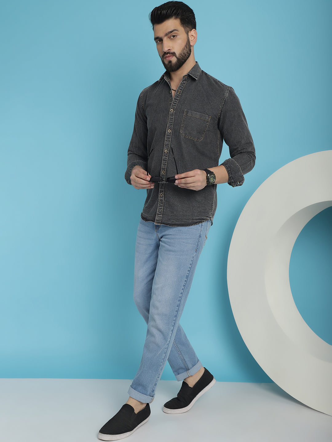 Indian Needle Men's Faded Cotton Denim Casual Shirt - Charcoal | Swadesiicart
