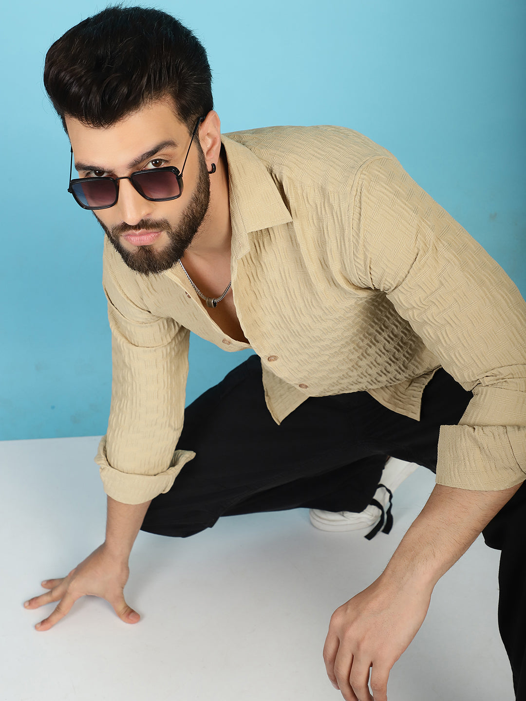 Indian Needle Men's Woven Design Casual Shirt - Beige | Swadesiicart