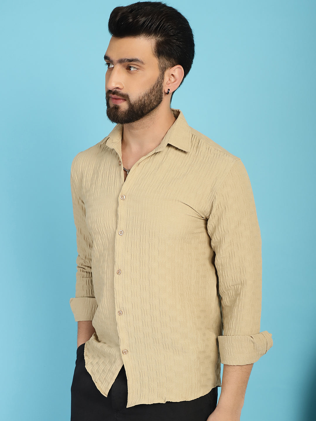 Indian Needle Men's Woven Design Casual Shirt - Beige | Swadesiicart
