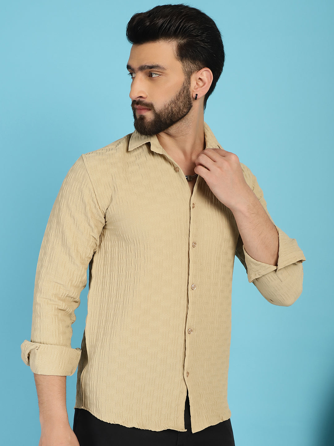 Indian Needle Men's Woven Design Casual Shirt - Beige | Swadesiicart