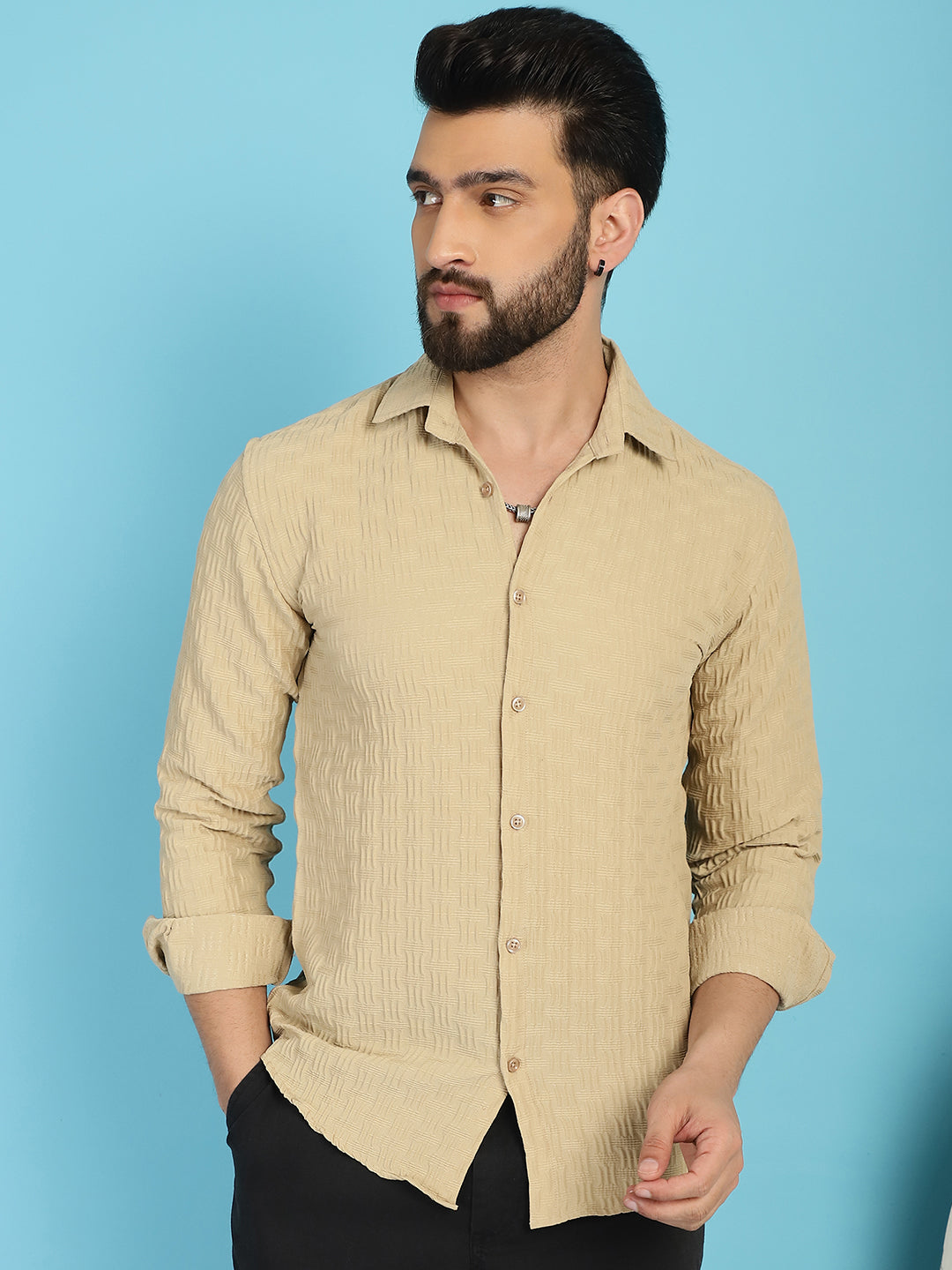 Indian Needle Men's Woven Design Casual Shirt - Beige | Swadesiicart