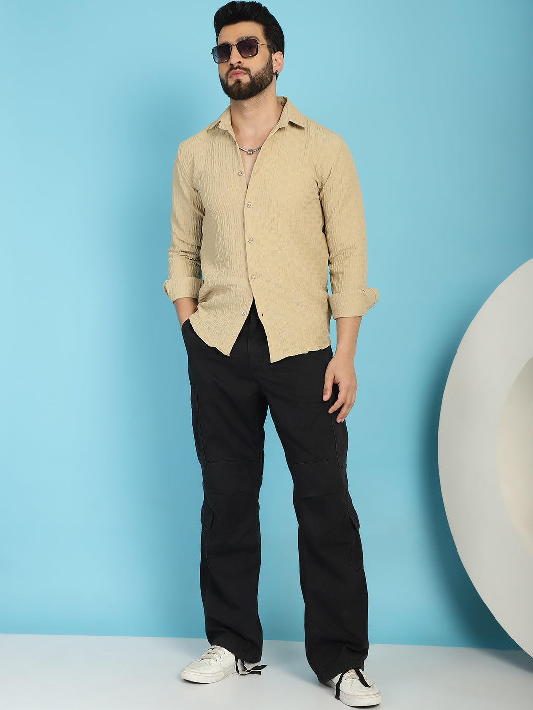 Indian Needle Men's Woven Design Casual Shirt - Beige | Swadesiicart