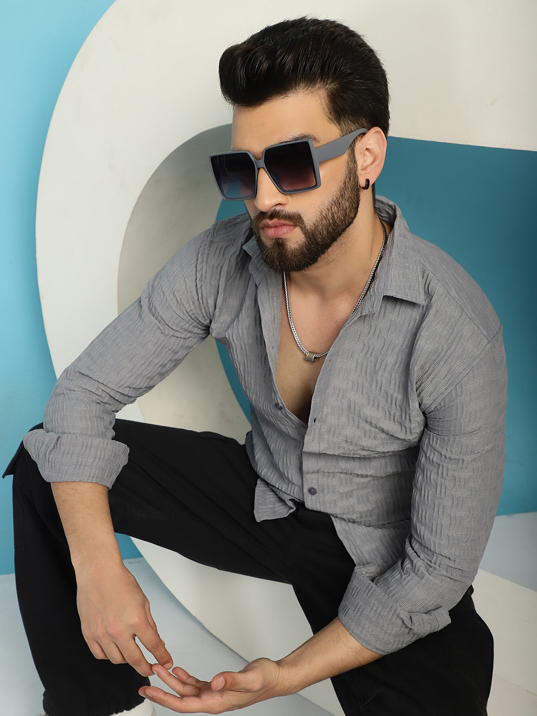 Indian Needle Men's Woven Design Casual Shirt - Light-Grey | Swadesiicart