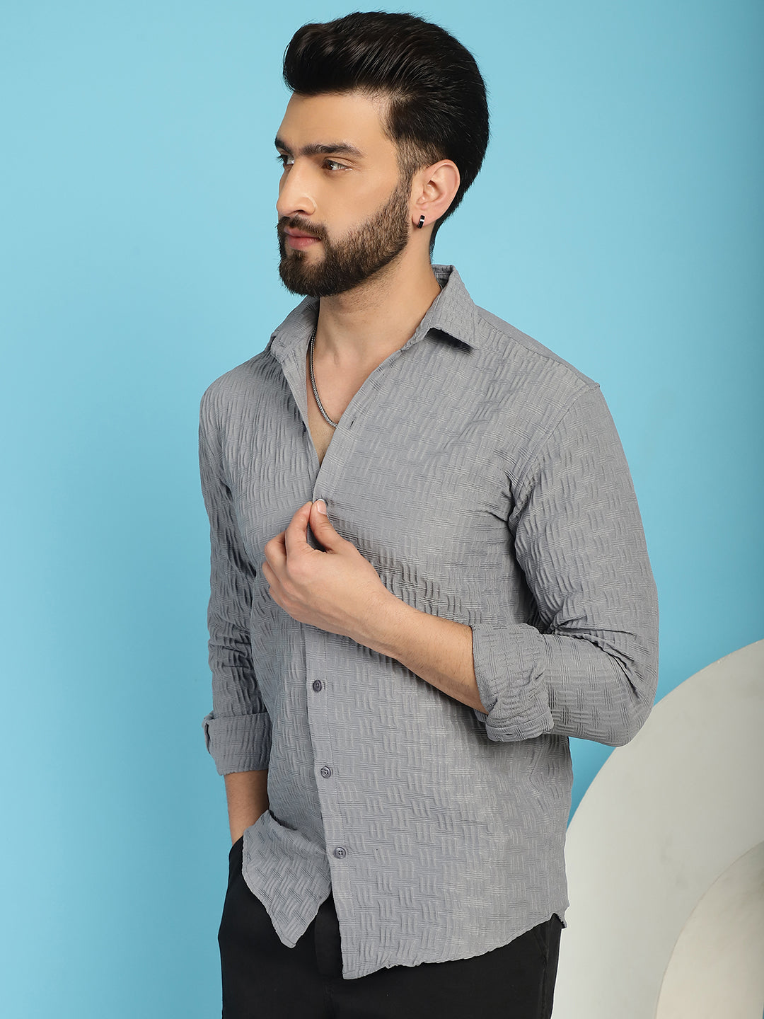 Indian Needle Men's Woven Design Casual Shirt - Light-Grey | Swadesiicart