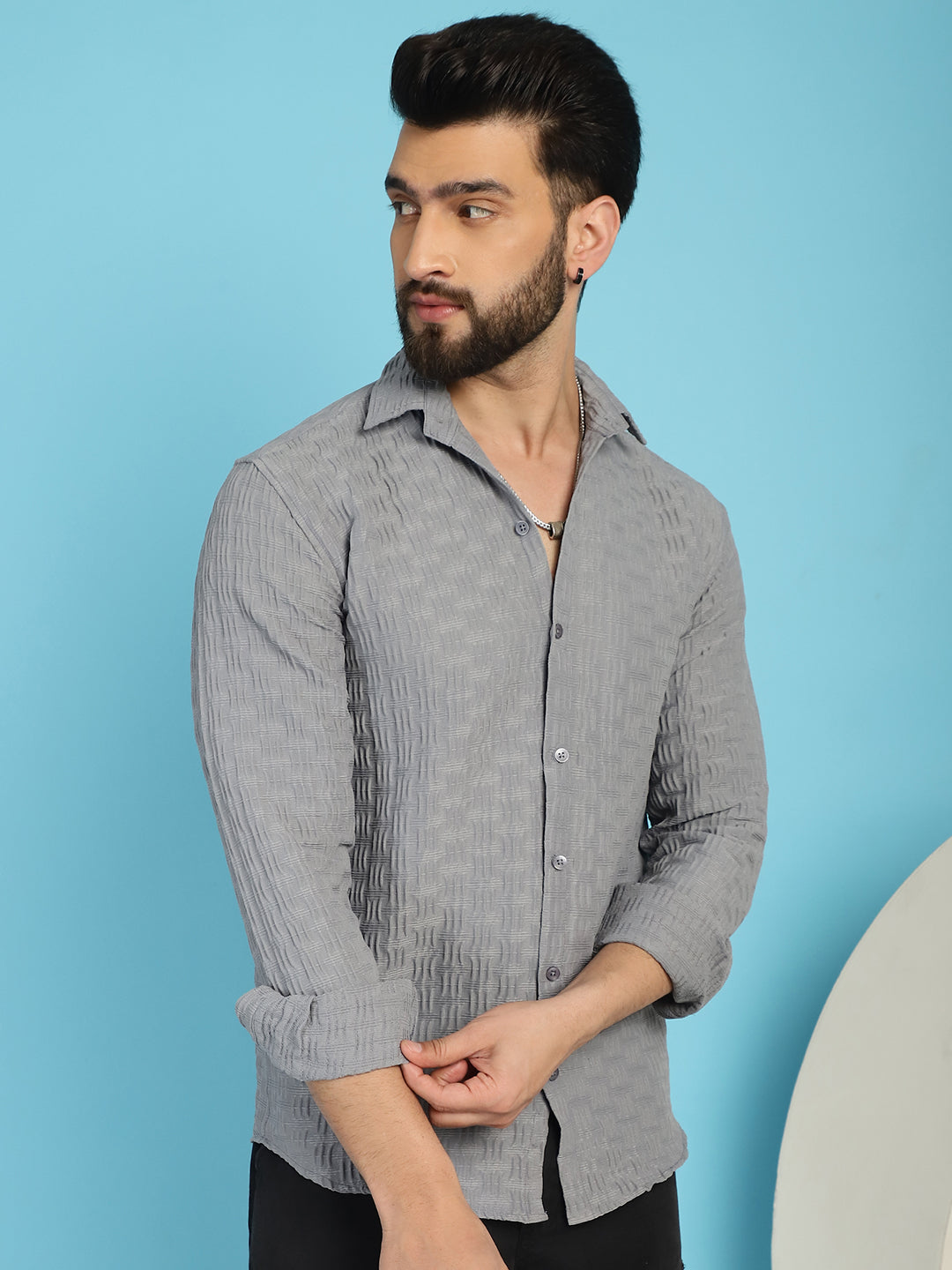 Indian Needle Men's Woven Design Casual Shirt - Light-Grey | Swadesiicart