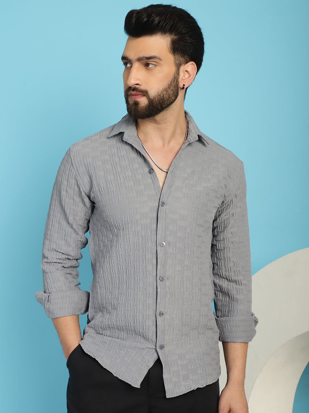 Indian Needle Men's Woven Design Casual Shirt - Light-Grey | Swadesiicart
